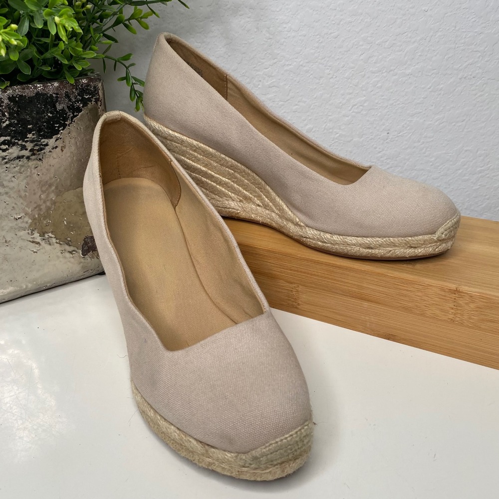 J.Crew Espadrille Wedges Womens Beige Canvas Round Toe Classic Coastal Size 8